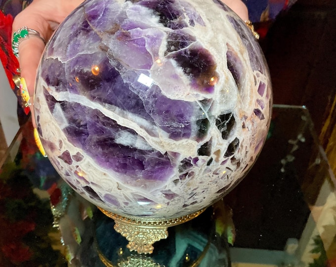 Amethyst Crystal Ball with Brass Display Stand ~ Large 12 Lb. 12 oz.  ~ 6" Wide ~ Purple and White Colors ~ Fast & Free Shipping, USA