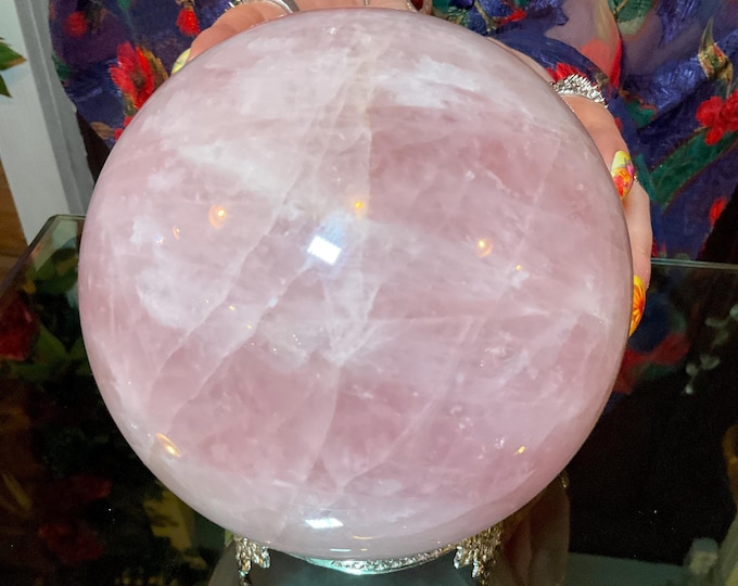 Rose Quartz Crystal Ball with brass display stand ~ Large 6 Lb. 13 oz. 5" Wide ~ Polished Pink Sphere, Reiki Altar Decor