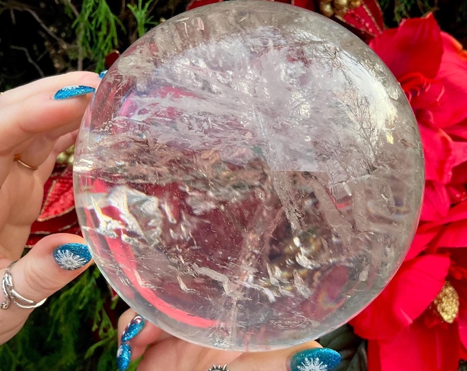 Large Clear Quartz Crystal Ball: 5" Brazilian Sphere with Silver Inclusions