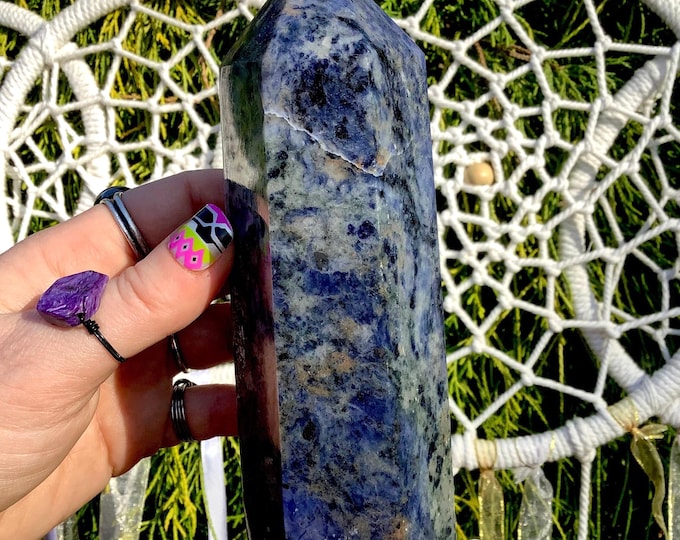 Sodalite Crystal Generator ~ Large 1 Lb. 7 oz. ~ 6" Tall ~ Sparkling White & Blue ~ Beautifully Polished High Quality