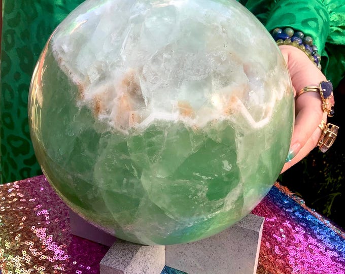 Green Fluorite Crystal Ball ~ Large 22 lb. ~ 7" Wide ~ w/ Custom Wooden Display Stand ~ Stunning Display, Home Decor ~ Fast & Free Shipping