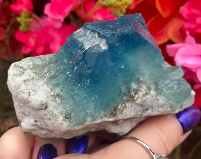 Blue Fluorite Crystal Cluster ~ 7 1/2 oz. ~ 3 1/2 " Long ~ Sparkling Two-Sided Crystal on Matrix ~ Ancient Translucent Cubic Formation