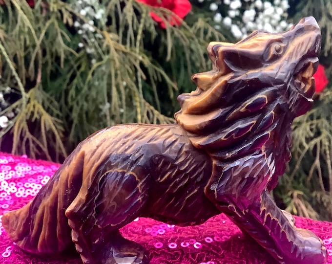 Tigers Eye Howling Wolf Crystal ~ 6 oz. ~ 4 1/2" Long ~ Hand Carved ~ Metaphysical Home Decor ~ Altar Display ~ Wolf Totem, Spirit Animal