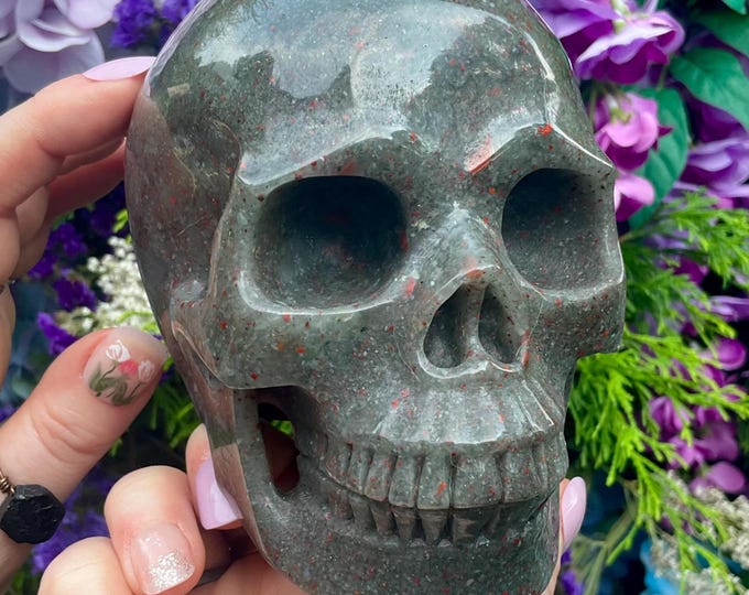 African Bloodstone Crystal Skull ~ Large 2 Lb. 15 oz. ~ 5" Long ~ Fiery Red and Green ~ One-of-a-Kind Hand Carved Sculpture ~