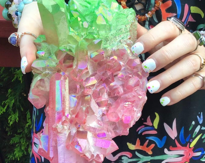 Pink & Green Aura Quartz Crystal Cluster ~ Large 3 Lb. ~ 8" Long ~ Stunning Metaphysical Home Decor ~ Heart Chakra Reiki Healing Altar