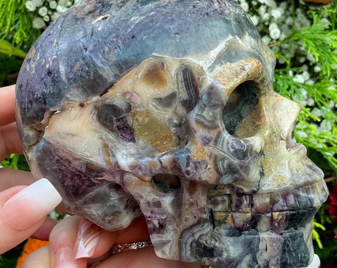 Amethyst Crystal Skull ~ Large 3 Lb. 4 oz. ~ 5" Long ~ Beautifully Hand Carved ~ Beautiful Sparkling Purple & White Crystal Sculpture