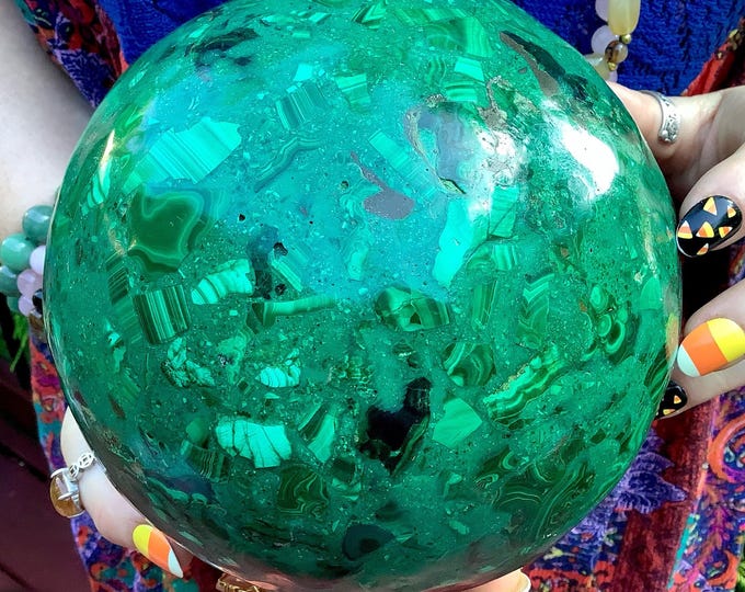 Malachite Crystal Ball ~ Large 10 Lb. 8 oz. ~ 6" Wide ~ Gorgeous Green Mineral Display Specimen, Vintage Home Decor ~ Fast & Free Shipping ~