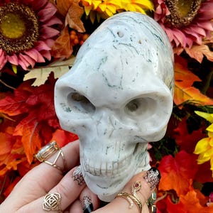May include: A carved skull figurine made of white stone with green veining. The skull has detailed eye sockets, a nose cavity, and a full set of teeth. The skull is held in a hand with gold rings and a snake ring.