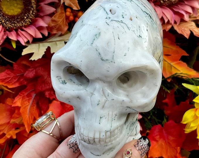 Moss Agate Crystal Alien Skull ~ Large 4 Lb. 2 oz. ~ 7" Long ~ Swirling Green and White Colors ~ Fast & Free Shipping, USA + Global Shipping