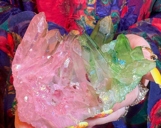 Pink & Green Aura Quartz Crystal Cluster ~ 1 Lb. 2 oz. ~ 5" Long ~ Sparkling Electric Rainbow Iridescent Points