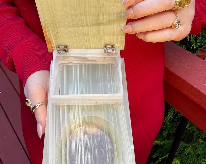 Vintage White Onyx Stash Box ~ 8" Long ~ Hand Carved Mid-Century Cigarette Display ~ Swirling White Colors