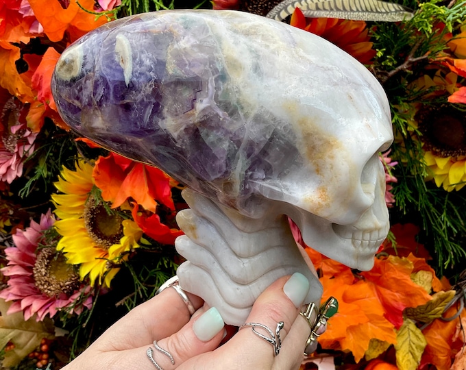 Purple Fluorite Crystal Alien Skull ~ Large 4 Lb 11 oz ~ 6" Long ~ One-of-a-Kind Carving ~ High Quality Hand Carved ~ Colorful Green & White
