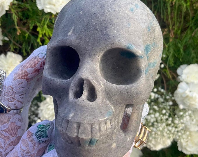 K2 Azurite and Granite Crystal Skull ~ Large 2 Lb. 10 oz. ~ 5" Long ~ Sparkling Blue Gray & White Colors ~ Metaphysical Home Decor ~