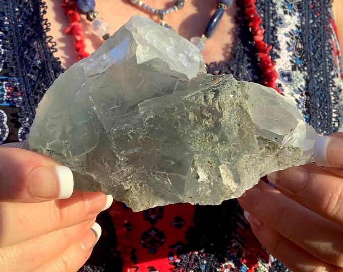 Minty Green Fluorite Crystal Cluster ~ 10 oz. ~ 4" Long ~ Translucent Cubic Formation ~ Metaphysical Home Decor ~ Fast & Free Shipping ~