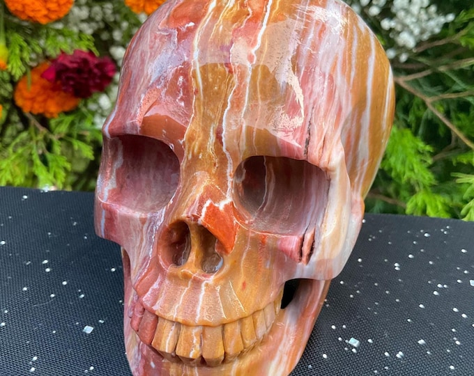 Mookaite Jasper Crystal Skull ~ Large 2 Lb. 9 oz. ~ 5" Long ~ Hand Carved Sculpture ~ One-of-a-Kind Swirling Red, Yellow, & Brown Colors