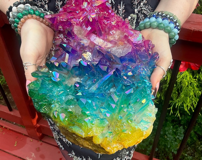 Rainbow Aura Quartz Crystal Cluster ~ Large 12 lb. 12 oz. ~ 11" Long ~ Sparkling Pink, Green, Yellow Colors ~ Fast & Free Shipping, U.S.A. ~