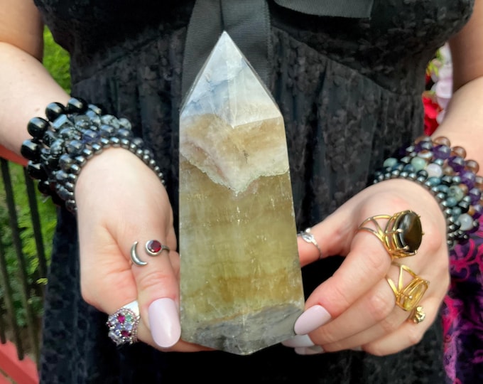 Yellow Fluorite Crystal Generator ~ Large 2 lb. 2 oz ~ 5 1/2" Tall ~ Swirling Golden Honey Colors ~ Free Fast Shipping USA + Global Shipping