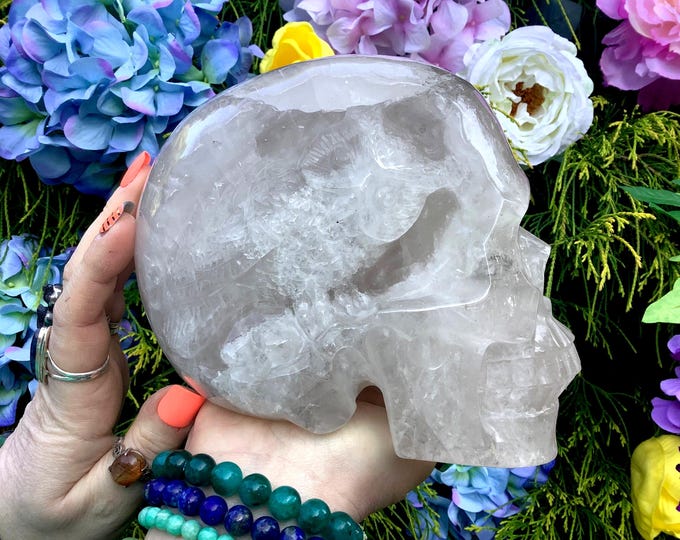 Clear Quartz Crystal Skull with Owl Carving ~ Large 6 Lb. 15 oz. ~ 6" Long ~ Hand Carved Life Sized ~ Fast & Free Shipping, USA + Global ~