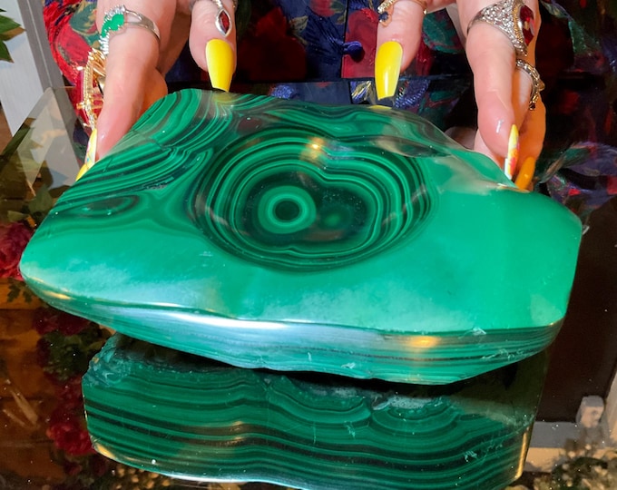 Malachite Crystal Bowl ~ 5 Lb. 13 oz. - 7" Long ~ Vintage Green Mineral Specimen ~ Swirling Bulls Eye Patterns, from Congo, Africa