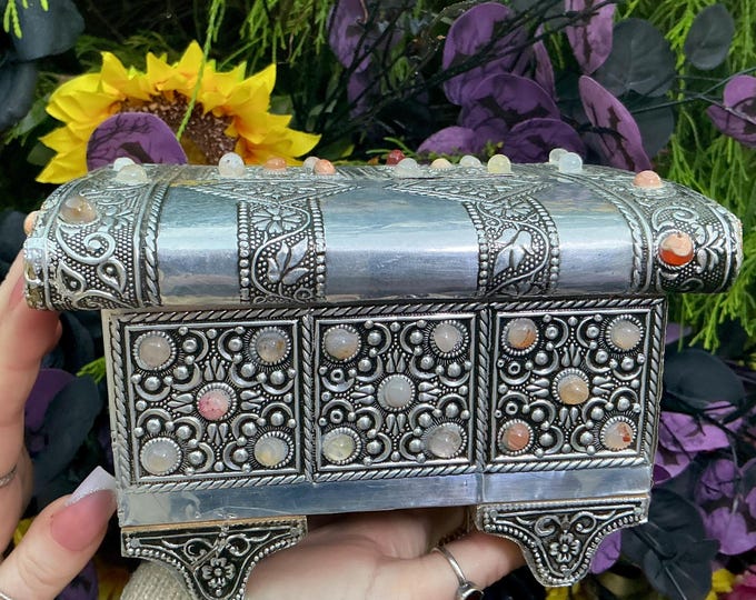 Vintage Moroccan Agate Jewelry Box: Moorish Silvered Filigree, Velvet Lined