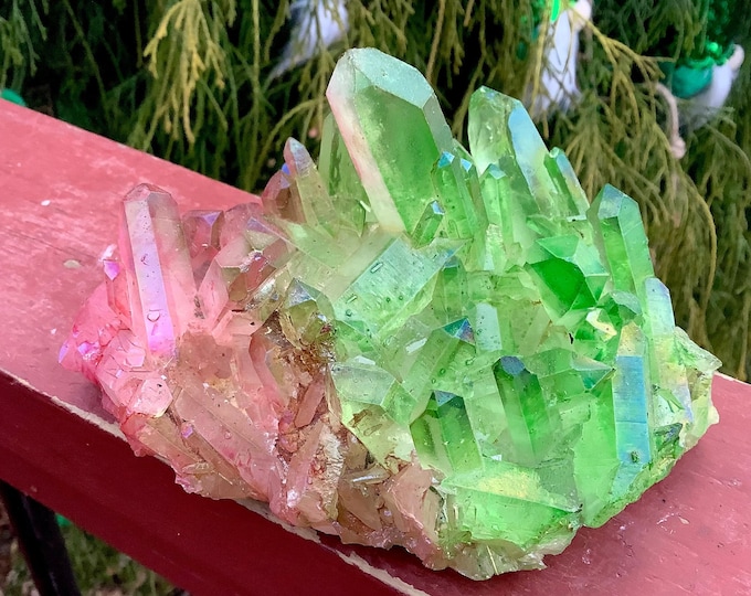 Green and Pink Aura Quartz Crystal Cluster ~ 1 Lb. 8 oz ~ 5 1/2" Long ~ Heart Chakra Reiki Healing Altar Display ~ Metaphysical Home Decor ~