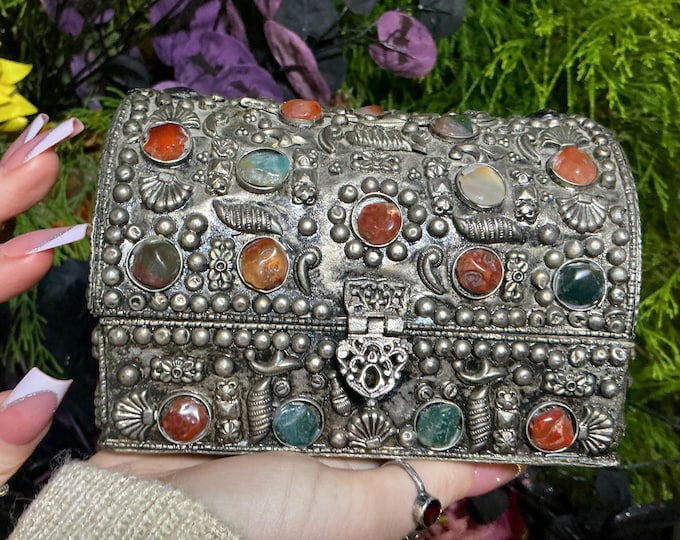 Vintage Agate Inlaid Jewelry Box, Handmade Moroccan Filigree