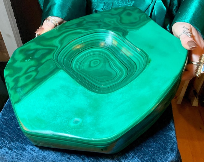 Vintage Malachite Dish Large 25 Lb. 12 oz. Bowl - 12" Long Hand Carved Stone from Congo Africa - Swirling Bulls Eye Patterns Museum Quality