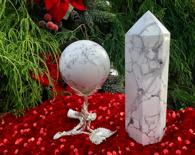 White Howlite Crystal Ball & Tower with Stand ~ Crystal Gift Set ~ Generator and Sphere Display ~ Free Gift- Wrapping ~ Fast Free Shipping