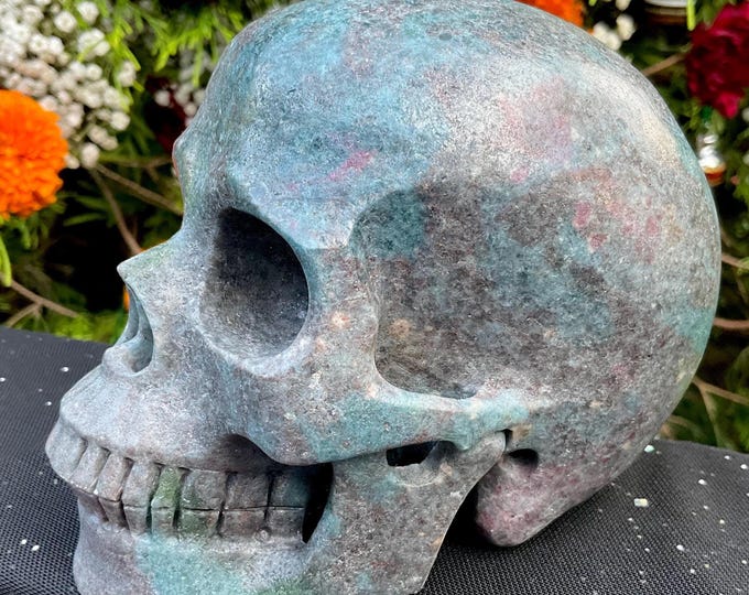 Ruby & Kyanite Crystal Skull ~ 3 Lb. 15 oz. ~ 5" Long ~ Sparkling Blue and Red Colors ~Hand-Crafted Display Sculpture