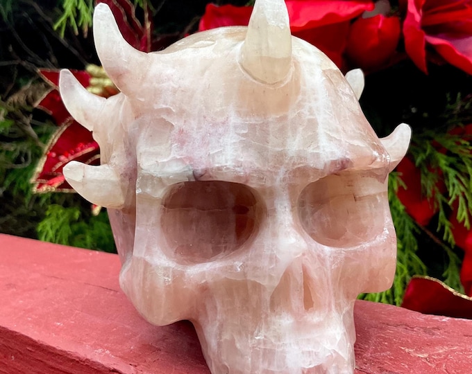 Orange Calcite King Crystal Skull ~ Large 3 Lb. 15 oz ~ 5" Long ~ Swirling Peach Colors ~ One-of-a-Kind Hand Carved Sculpture