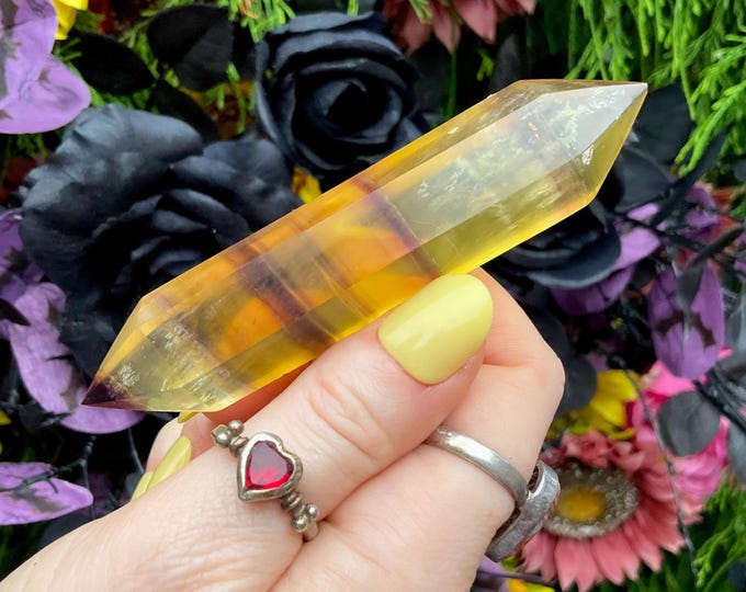 Rainbow Fluorite Double Terminated Wand ~ Large 2.6 oz. ~ 4" Long ~ Yellow, Gold, Purple ~ Fast & Free Shipping, USA + Global Shipping