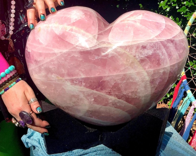 Massive 83 Lb. Rose Quartz Crystal Heart w/ Custom Handmade Wooden Display Stand ~ 16" Wide ~ Stunning Home Decor, Heart Chakra, Love Altar