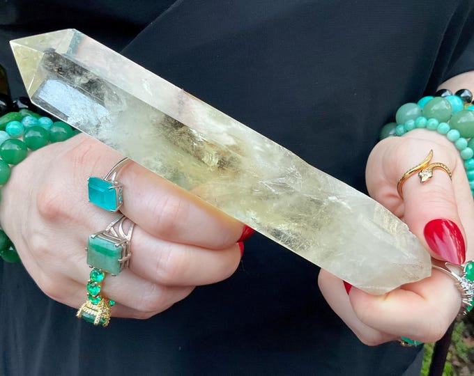 Citrine Quartz Crystal Wand ~ Large 6.3 oz. ~ 6 1/2" Long ~ High Altitude Himalayan Point ~ Clear & Yellow Phantoms ~ Rainbow Inclusions