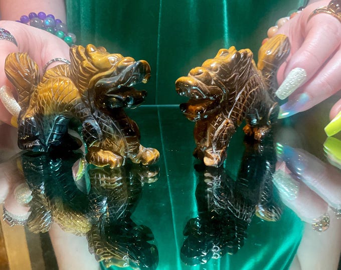 Tigers Eye Crystal Foo Dog Pair~ 4" Long ~ Hand Carved from South Africa ~ Sparkling Gold, Blue & Black Colors ~ Fast and Free Shipping