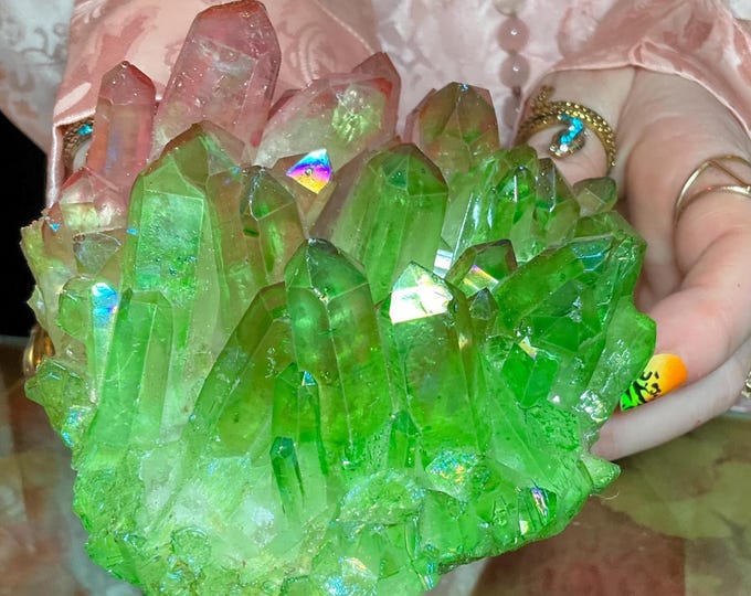 Pink & Green Aura Quartz Crystal Cluster ~ Large 1 Lb. 4 oz. ~ 4" Long ~ Electric Rainbow Iridescent Sparkling Points ~ Fast Free Shipping