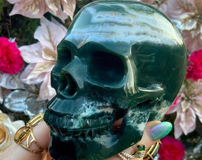 Moss Agate Crystal Skull ~ 2 Lb. 13 oz. ~ 5" Long ~ Swirling Green & White Colors ~ Expertly Hand-Carved Display Sculpture
