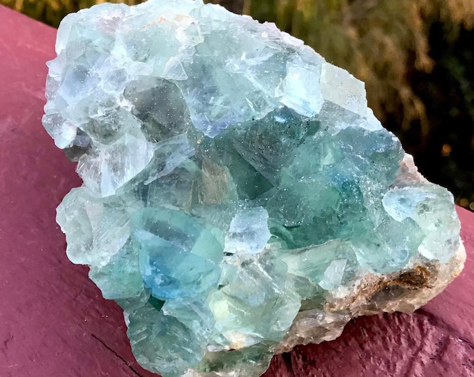 Blue Green Fluorite Crystal Cluster ~ Large 5.6 oz. ~ 2 1/2" Long ~ Sparkling Mineral Matrix ~ Ancient Translucent Cubic Formation