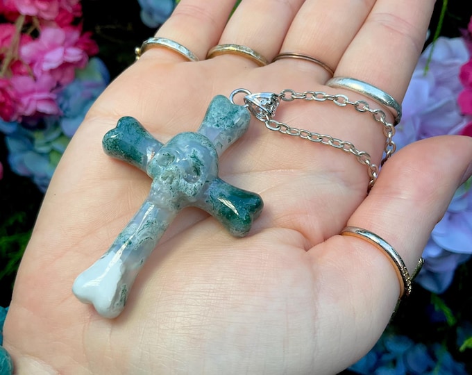 Moss Agate Skull & Cross Bones Gemstone Crystal Pendant ~ 2 1/2" Long ~ One-of-a-Kind with Silver Chain ~ Expertly Hand Carved Sculpture