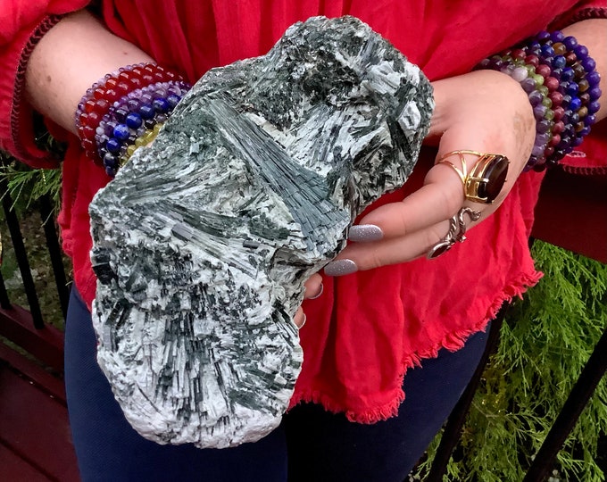 Green Actinolite Crystal Cluster ~ Large 6.8 lb. ~ 7" Long ~ Natural Unpolished Raw Stone ~ Self Standing Altar Display ~ Fast Shipping