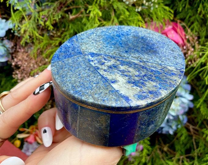 Lapis Lazuli Jewelry Box with Lid 5" Oval ~ Handmade from Afghanistan ~ Vintage Display Charging Box ~Swirling Blue & Gold Colors