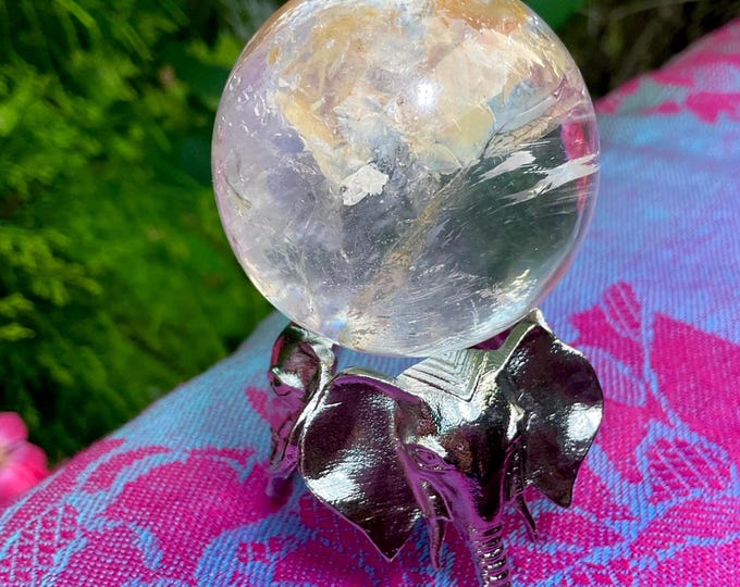 Clear Quartz Crystal Ball ~ 4 oz. Sphere ~ 1 1/2" Wide ~ Sparkling Rainbow Inclusions w Silver Elephant Display Stand ~ Fast & Free Shipping