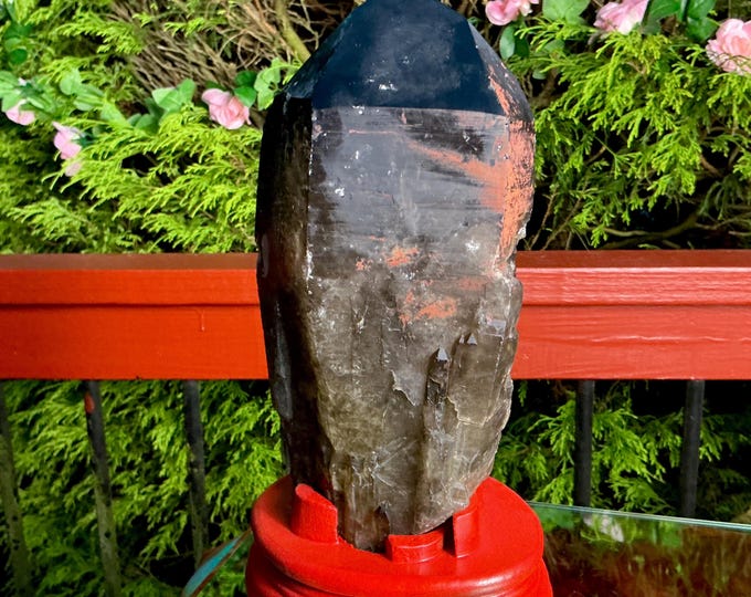 Black Morion Quartz Display Crystal 8 Lb. 7 oz.  Single-Terminated Point Cluster ~ 10" Tall ~Natural Black Color ~ Custom Hand Carved Stand