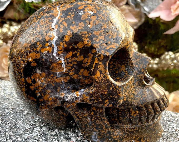 Gold Snakeskin Jasper Crystal Skull ~ Large 2 Lb. 12 oz. ~ 5" Long High Quality ~ Hand-Carved Sculpture ~ Vivid Colors