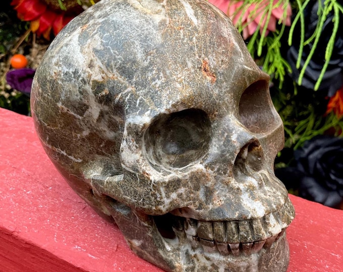 Red Garnet Golden Healer Quartz Crystal Skull ~ 2 Lb. 11 oz. ~ 5" Long ~ Swirling Red, Gold, White & Black Inclusions ~ Fast Free Shipping ~