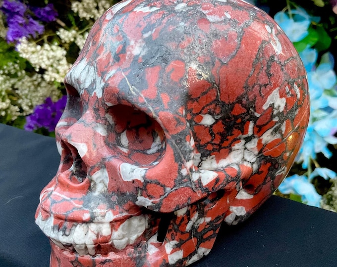 Red Jasper Crystal Skull ~ Large 2 Lb. 15 oz.  ~ 5" Long ~ Swirling Colorful Red, Black & White Colors ~ Hand Carved