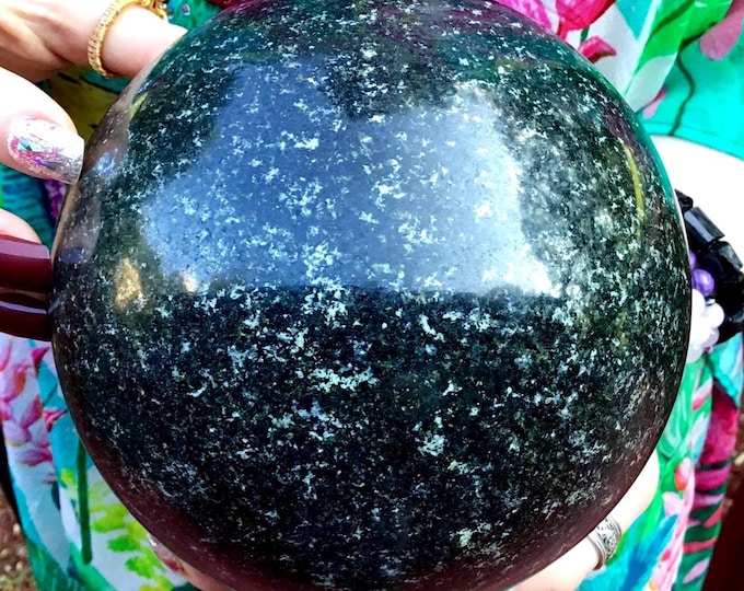 CLEARANCE! ~ Black and Green Tourmaline Crystal Ball ~ Large 8 Lb. 13 oz. ~ 4 1/2“Wide ~ Pyrite Inclusions ~