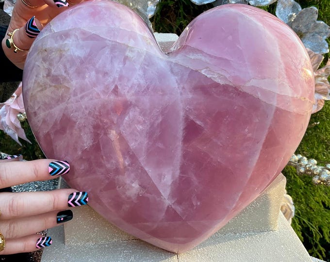 Rose Quartz Crystal Heart ~ Large 24 Lb. ~ 10" Wide Free Standing Custom Display Stand ~ Love Stone ~ Reiki ~ Translucent Pink Colors