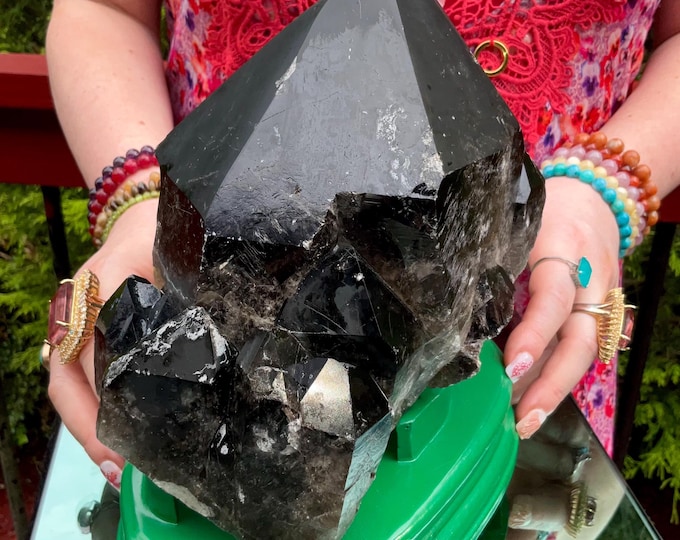 Black Morion Quartz Display Crystal 10 Lb. 4 oz.  Single-Terminated Point Cluster ~ 7" Tall ~Natural Black Color ~ Custom Hand Carved Stand