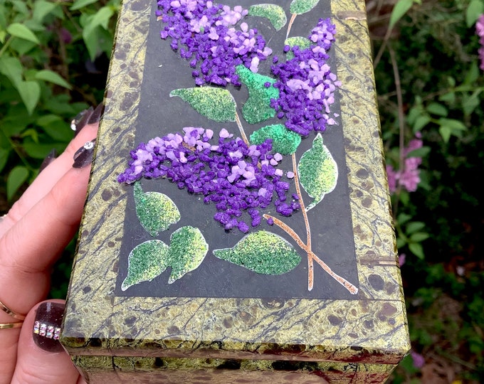 Serpentine Jewelry Box with Mosaic Stone Hinged Lid ~ 5" Long ~ Hand Made Vintage Display ~ Colorful Green & Purple Lilac ~ Fast Shipping