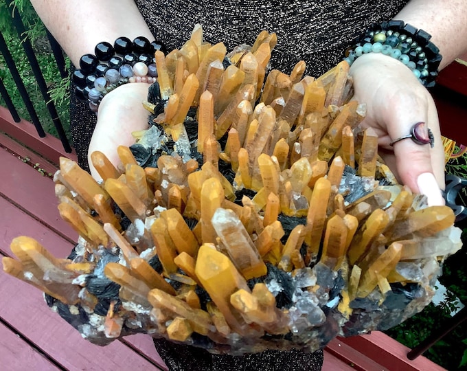 Limonite & Black Barite Quartz Crystal Cluster ~ Large 9 Lb. 9 oz. ~ 9" Long ~ Orange Points ~ Sacral Chakra Reiki Altar Display ~ Stunning